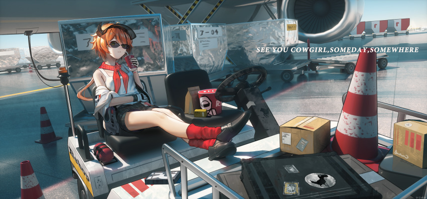 1girl 3d_background absurdres aircraft airplane airport arknights bare_shoulders bendy_straw black_footwear black_shorts box brown_eyes brown_hair cardboard_box closed_mouth commentary_request croissant_(arknights) crossed_legs cup day disposable_cup drinking_straw english_text even_(17245601) gloves half-closed_eye hand_up highres holding holding_cup horns jacket long_hair looking_at_viewer low_ponytail off_shoulder open_clothes open_jacket outdoors ponytail red_legwear see-through shoe_soles shoes short_shorts short_sleeves shorts sitting socks solo striped suitcase sunglasses tank_top traffic_cone uneven_eyes vertical-striped_shorts vertical_stripes very_long_hair visor_cap white_gloves white_jacket white_tank_top wide_sleeves