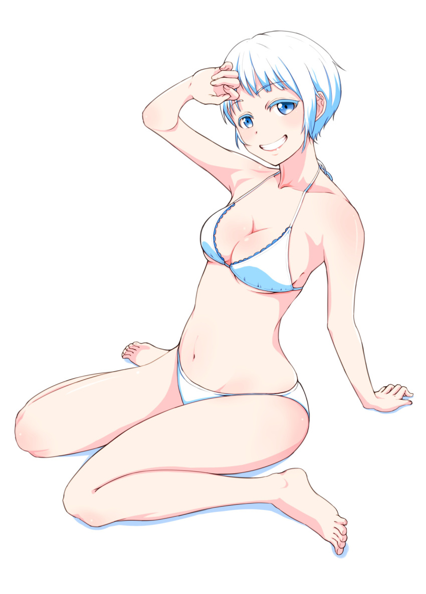 1girl :d arm_support bare_arms bare_legs bare_shoulders barefoot bikini blue_eyes blue_hair breasts cleavage grin hand_up hi_iro highres looking_at_viewer medium_breasts navel open_mouth original short_hair simple_background sitting smile solo swimsuit wariza white_background white_bikini