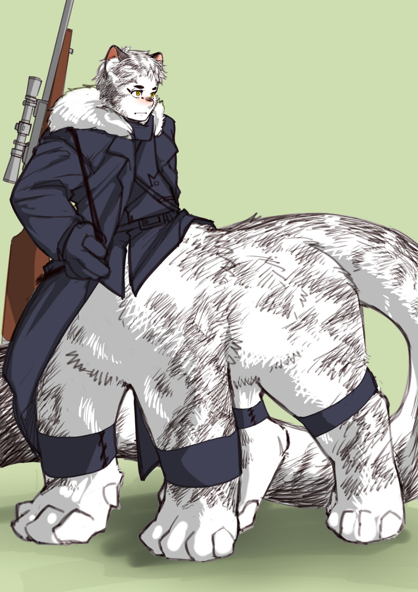 clothed clothing felid felid_taur hi_res inner_ear_fluff mammal mammal_taur oka_eiji108 ranged_weapon simple_background solo taur tuft weapon white_body