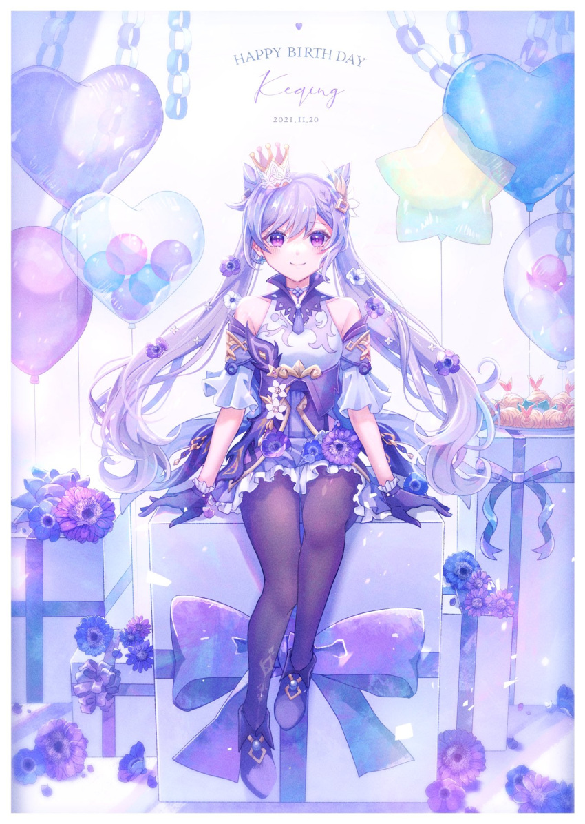 1girl 3mlie balloon bangs bare_shoulders black_legwear box character_name choker commentary crown dated detached_sleeves dress earrings flower frilled_dress frills full_body genshin_impact gift gift_box gloves golden_shrimp_balls_(genshin_impact) hair_cones hair_flower hair_ornament happy_birthday heart heart_balloon highres jewelry keqing_(genshin_impact) long_hair looking_at_viewer mini_crown pantyhose paper_chain petals purple_choker purple_dress purple_eyes purple_gloves purple_hair purple_ribbon ribbon shoes sitting smile solo star_balloon swept_bangs tassel tilted_headwear twintails