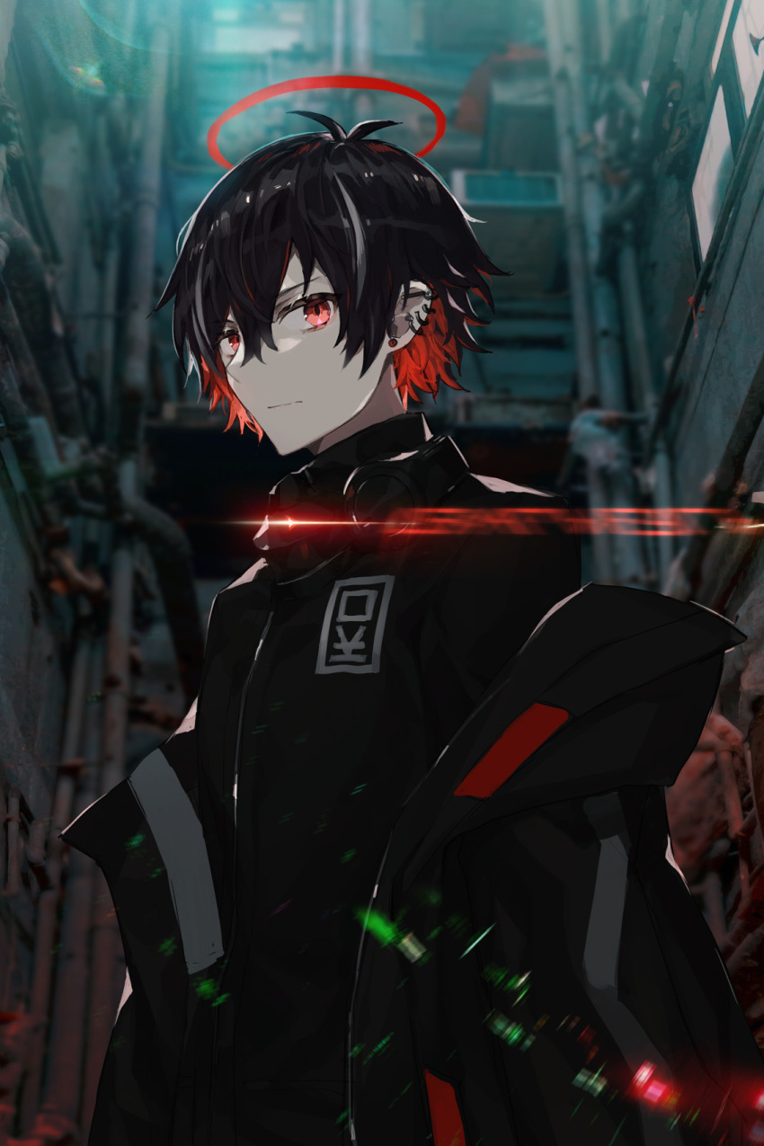 1boy bangs barbell_piercing black_hair black_jacket earrings halo headphones headphones_around_neck highres hinayuri jacket jewelry looking_at_viewer male_focus multicolored_hair original piercing red_eyes red_hair solo streaked_hair stud_earrings