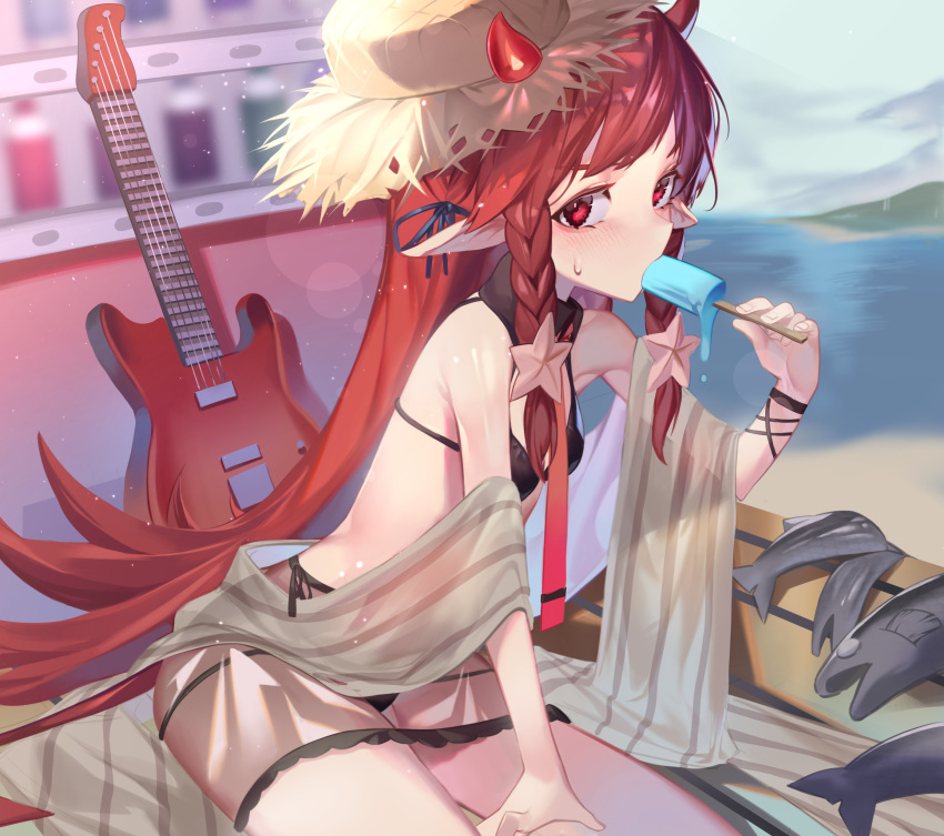 1girl absurdres arknights bare_shoulders bikini black_bikini black_ribbon blush braid breasts day eating electric_guitar fish food guitar hair_ornament hair_ribbon hat highres holding horns instrument leaning_forward long_hair looking_at_viewer outdoors pointy_ears popsicle red_eyes red_hair ribbon side-tie_bikini sitting small_breasts solo ssangbong-llama star star_hair_ornament straw_hat sweatdrop swimsuit twin_braids very_long_hair vigna_(arknights)
