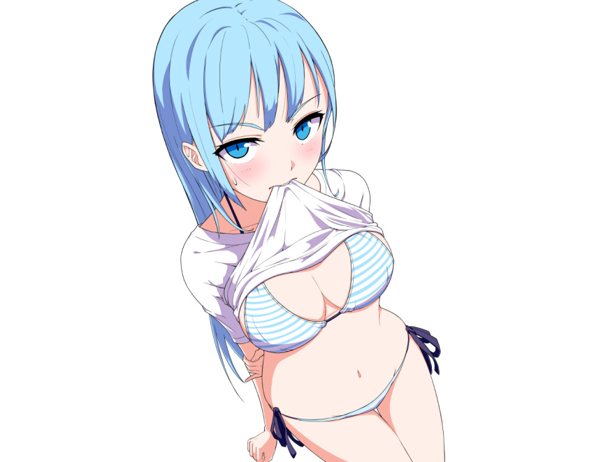 aqua_hair bikini blue_eyes breasts cleavage hi_iro long_hair original shirt_lift swimsuit white