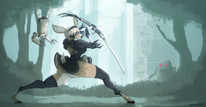 2020 accessory alternate_species anthro antlers black_nose breasts butt cervid clothing female fighting_pose forest fur grass hair_accessory hairband hooves horn katana legwear machine mammal melee_weapon outside pose robot sharkrags stockings sword tan_body tan_fur thick_thighs tree weapon yorha_2b