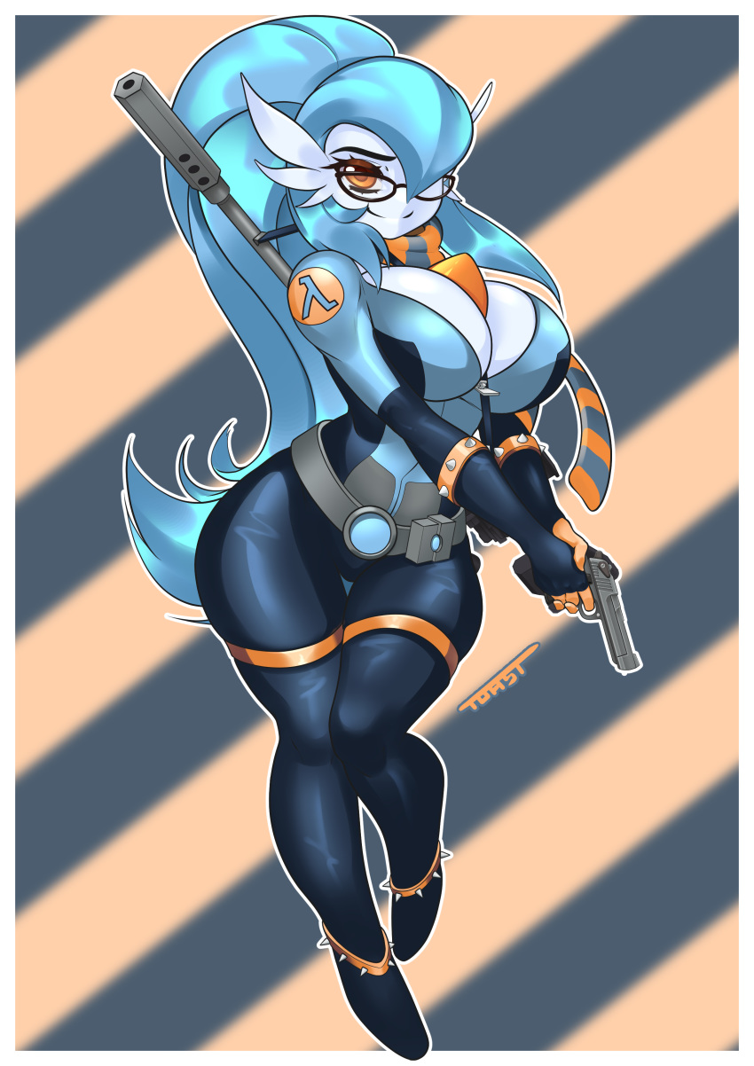 2020 absurd_res anthro big_breasts breasts clothed clothing digital_media_(artwork) eyewear female fingers gardevoir glasses gun hair hi_res holding_object holding_weapon humanoid looking_at_viewer nintendo not_furry pok&eacute;mon pok&eacute;mon_(species) ranged_weapon scarf simple_background smile solo thick_thighs toast-arts video_games weapon