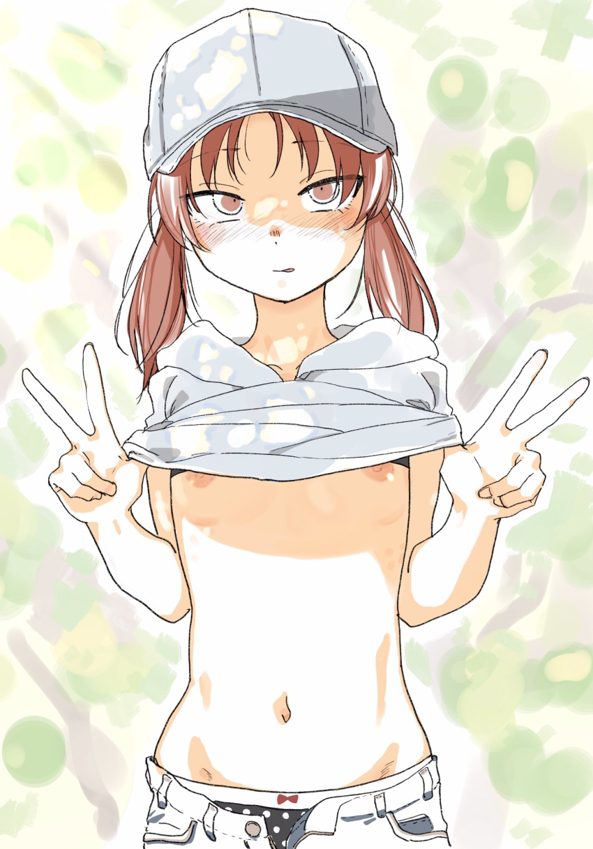 1girl :q bangs baseball_cap black_panties blush bow bow_panties breasts brown_eyes brown_hair casual closed_mouth commentary denim denim_shorts double_vertical_stripe girls_und_panzer half-closed_eyes hat highres hood hood_down hoodie kadotani_anzu licking_lips lifted_by_self long_hair looking_at_viewer navel nipples open_fly panties parted_bangs polka_dot polka_dot_panties shirt shirt_lift short_sleeves shorts small_breasts smile solo standing toku_(yhpv8752) tongue tongue_out twintails underwear upper_body white_headwear white_shirt white_shorts