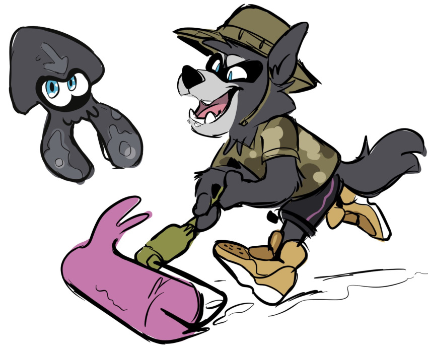 2020 adastra amicus_(adastra) anthro biped black_body black_fur blue_eyes bottomwear canid canine canis cephalopod clothing coleoid crossover decapodiform digital_media_(artwork) footwear fur grey_body grey_fur happy haps hat headgear headwear hi_res inkling male mammal marine mollusk multicolored_body multicolored_fur nintendo parody shoes shorts simple_background smile solo splat_roller splatoon topwear two_tone_body two_tone_fur video_games white_background wolf