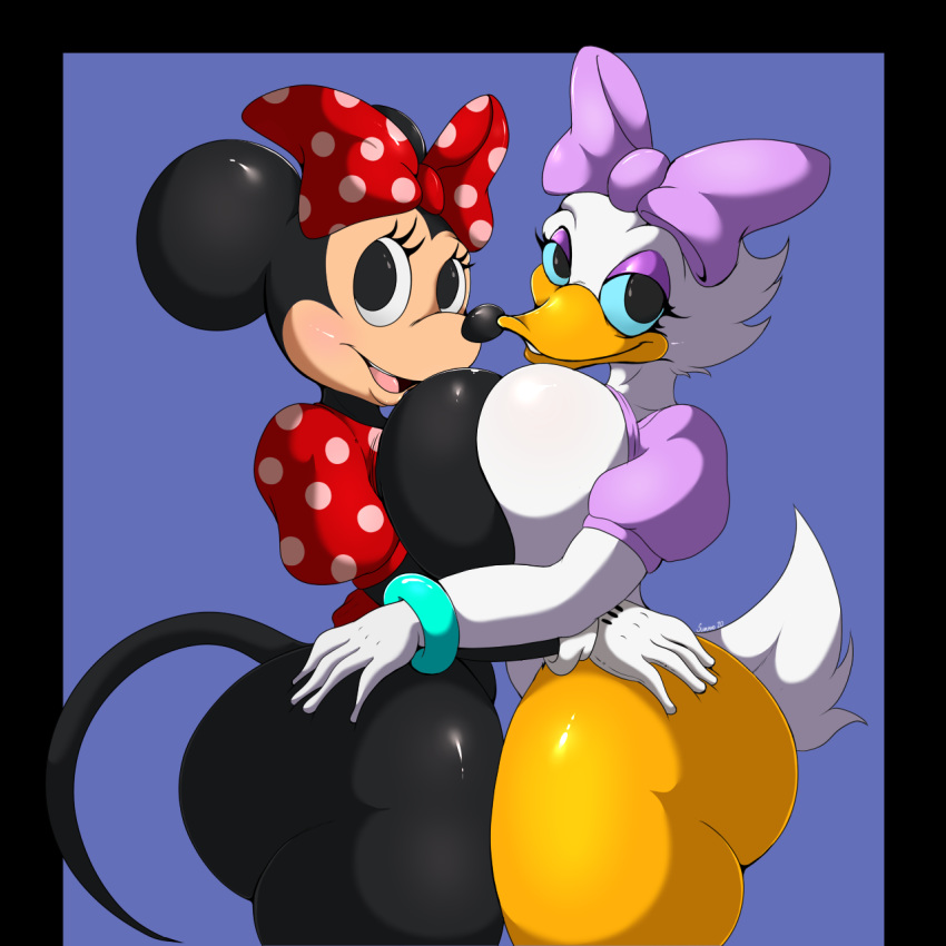 1:1 2020 anatid anseriform anthro avian beak bird breast_squish breasts breasts_frottage clothing daisy_duck digital_media_(artwork) disney duck duo eyelashes female female/female gloves handwear hi_res looking_at_viewer mammal minnie_mouse mouse murid murine ribbons rodent side_view signature simple_background squish suirano