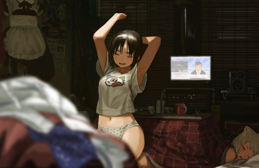 2girls absurdres blinds brown_hair closed_eyes cup highres mug multiple_girls navel news origami original panties paper_crane polka_dot polka_dot_panties sara_manta shirt speaker t-shirt tagme television underwear