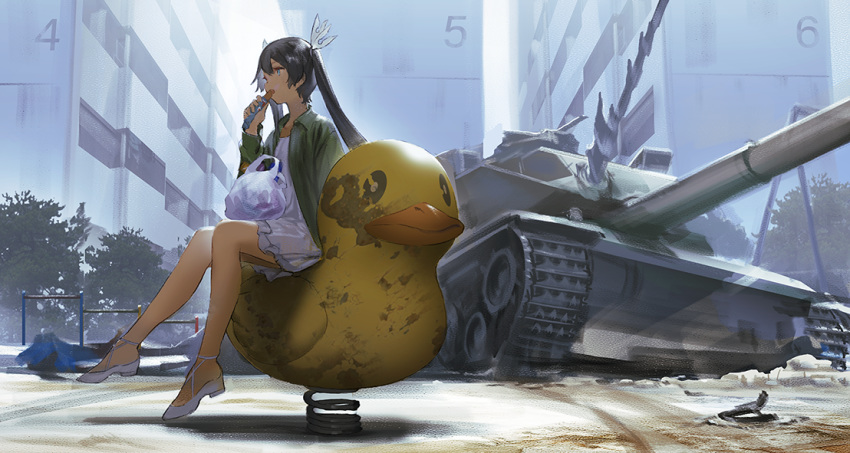 1girl bag black_hair blue_eyes building candy candy_bar city commentary_request dress eating food green_shirt grocery_bag ground_vehicle hair_ribbon horizontal_bar long_hair long_sleeves looking_away military military_vehicle mogumo motor_vehicle open_clothes open_shirt original outdoors playground ribbon shirt shoes shopping_bag short_dress sitting sitting_sideways solo spring_rider strappy_heels tank twintails white_dress white_footwear wide_shot