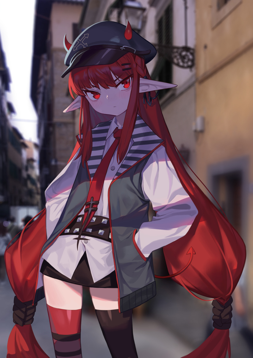 1girl absurdres arknights black_legwear black_skirt blurry blurry_background blush closed_mouth demon_horns demon_tail hair_ornament hairclip hands_in_pockets hat highres horns horns_through_headwear jacket long_hair mismatched_legwear necktie outdoors pointy_ears red_eyes red_hair red_legwear red_neckwear skirt solo ssangbong-llama standing striped tail thighhighs twintails very_long_hair vigna_(arknights)