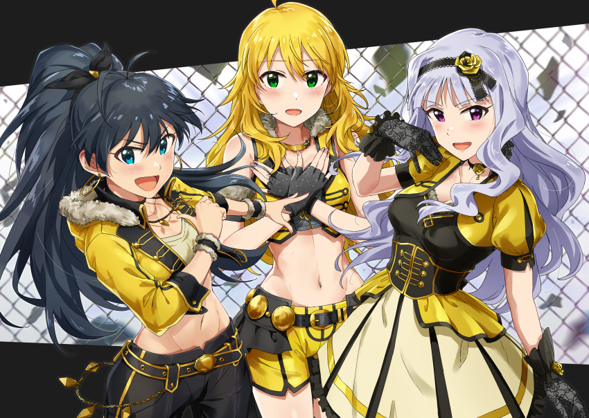 3girls :d absurdres ahoge antenna_hair armlet ayano_yuu_(sonma_1426) bangs bare_shoulders belt beyond_the_nobles beyond_the_vibes beyond_the_wishes black_belt black_gloves black_hair black_pants black_ribbon blonde_hair blue_eyes blunt_bangs blush breasts chain chain-link_fence choker cleavage collarbone commentary_request cowboy_shot cropped_jacket dress earrings eyebrows_visible_through_hair fang fence fingerless_gloves flower fur-trimmed_jacket fur-trimmed_vest fur_trim ganaha_hibiki glint gloves gold_dress green_eyes groin hair_flower hair_ornament hair_ribbon hairband hands_on_own_chest high_ponytail highres hoop_earrings hoshii_miki idolmaster idolmaster_(classic) jacket jewelry letterboxed looking_at_viewer medium_breasts midriff multicolored multicolored_clothes multicolored_dress multiple_girls navel necklace open_clothes open_jacket open_mouth pants ponytail project_fairy purple_eyes ribbon shadow sheer_gloves shijou_takane shorts sidelocks silver_hair small_breasts smile standing strapless tubetop vest wrist_cuffs yellow_jacket yellow_shorts yellow_vest