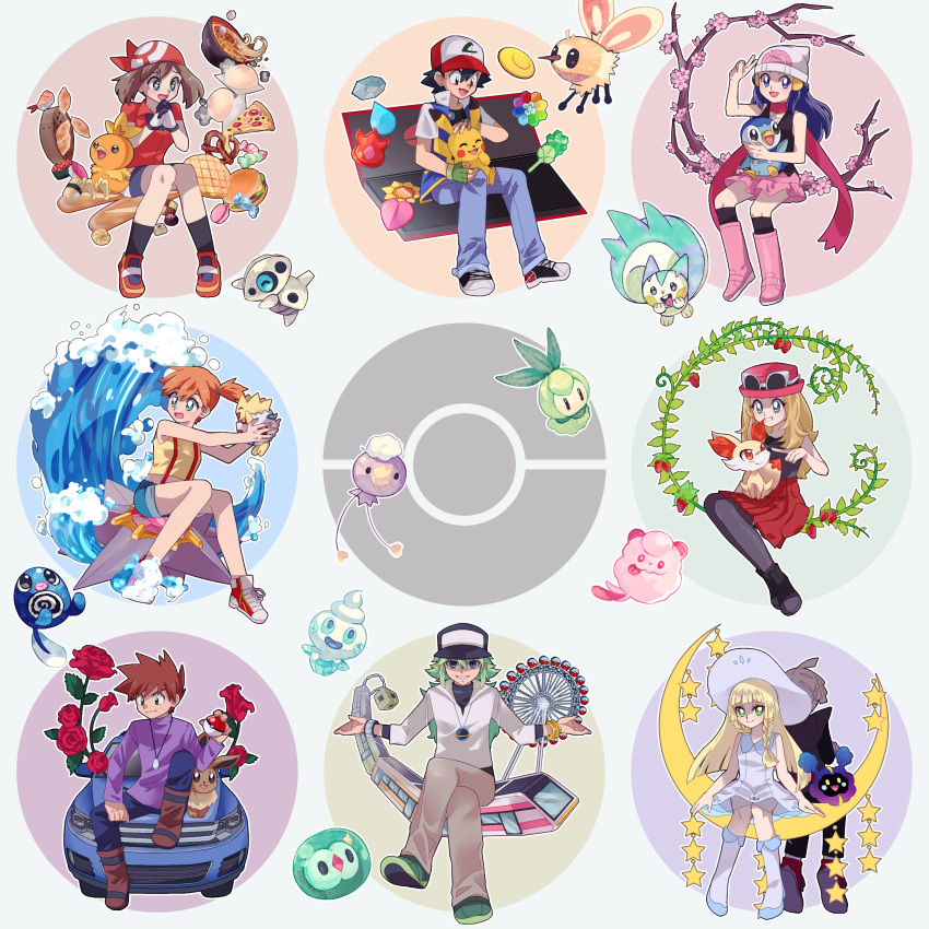 :d ^_^ absurdres aron badge bandana baseball_cap black_eyes black_hair black_legwear blonde_hair blue_eyes blue_shorts boulder_badge breasts brown_hair car cascade_badge closed_eyes commentary_request cosmog creature crossed_legs cutiefly denim denim_shorts dress drifloon earth_badge eevee fennekin flower food full_body gen_1_pokemon gen_2_pokemon gen_3_pokemon gen_4_pokemon gen_5_pokemon gen_6_pokemon gen_7_pokemon gladio_(pokemon) green_eyes green_hair ground_vehicle gym_leader_badge happy haruka_(pokemon) hat highres hikari_(pokemon) holding holding_pokemon jeans jewelry kasumi_(pokemon) kid1215 legendary_pokemon lillie_(pokemon) long_hair looking_at_viewer marsh_badge motor_vehicle n_(pokemon) ookido_shigeru open_mouth pachirisu pants pantyhose pendant petilil pikachu piplup pizza pokemon pokemon_(anime) pokemon_(classic_anime) pokemon_(creature) pokemon_bw_(anime) pokemon_dppt_(anime) pokemon_on_lap pokemon_rse_(anime) pokemon_sm_(anime) pokemon_xy_(anime) poliwag pretzel rainbow_badge red_bandana red_flower red_rose riding riding_pokemon rose sandwich satoshi_(pokemon) shirt shoes short_dress short_shorts shorts sitting skirt small_breasts smile sneakers solosis soul_badge star staryu sundress swirlix thunder_badge togepi torchic train vanillite volcano_badge water waving white_dress white_headwear