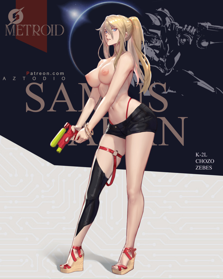 1girl artist_name azto_dio bangs bikini_bottom black_legwear black_shorts blonde_hair blue_eyes bracelet breasts character_name cleavage copyright_name full_body highres holding jewelry large_breasts logo long_hair looking_at_viewer metroid mole mole_under_mouth nail_polish navel nipples parted_lips platform_footwear ponytail red_bikini_bottom red_nails samus_aran sandals shiny shiny_hair shorts sidelocks simple_background single_thighhigh solo standing stomach super_smash_bros. swimsuit swimsuit_under_clothes thigh_strap thighhighs toenail_polish toenails toes topless water_gun wedge_heels