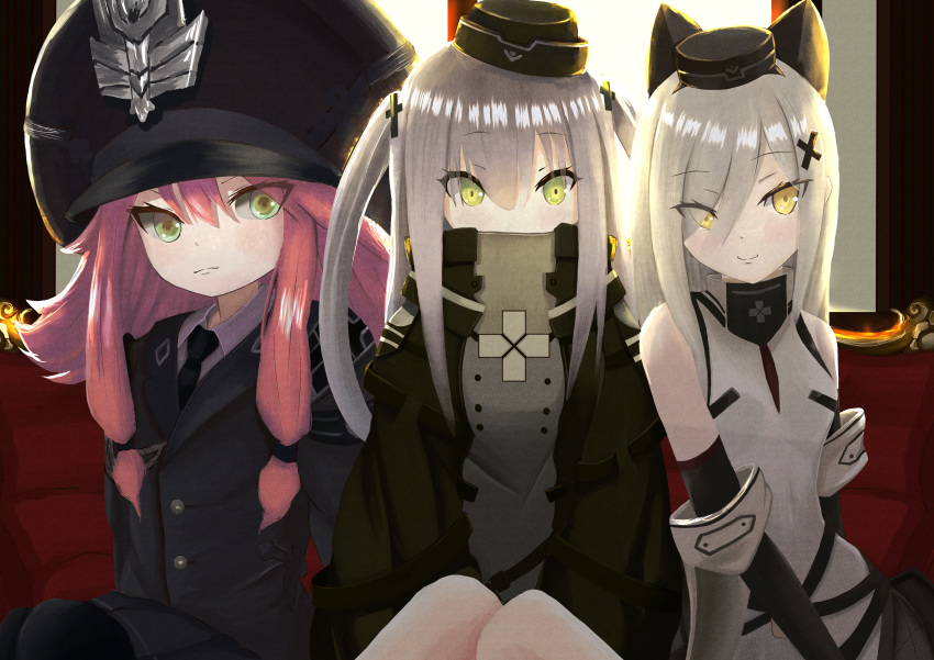 3girls 88_flak_(ash_arms) absurdres ash_arms couch green_eyes grey_hair hair_between_eyes hair_ornament hairclip hat highres huge_filesize li_zhu long_hair looking_at_viewer maus_(ash_arms) military military_hat military_uniform multiple_girls red_hair sitting sleeveless smile trench_coat twintails uniform vk16.02_leopard_(ash_arms) window