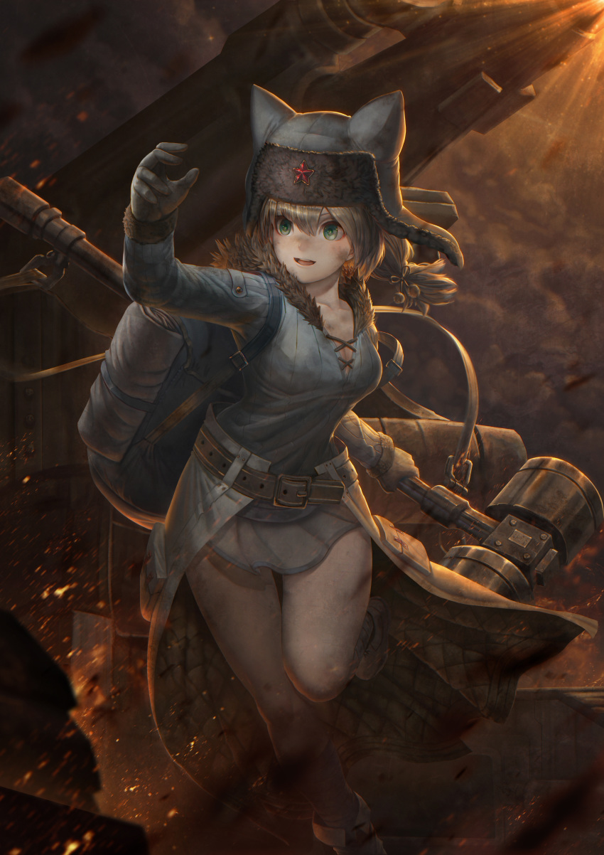 1girl absurdres ash_arms b-4_(ash_arms) backpack bag belt blonde_hair boots breasts cleavage dust fur_hat gloves green_eyes hair_between_eyes hat highres leg_up low_twintails open_mouth red_star short_twintails sledgehammer sola_(sgt_smile) solo twintails ushanka weapon