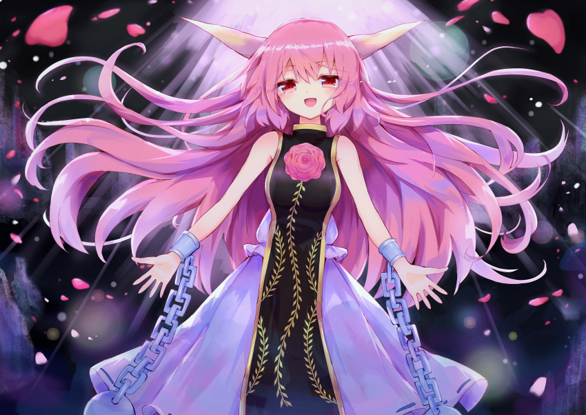 1girl :d absurdres ball_and_chain_restraint chain commentary_request dress eyebrows_visible_through_hair flower highres horns ibaraki_douji_(touhou) ibaraki_kasen long_hair looking_at_viewer open_mouth petals pink_hair red_eyes rose sleeveless smile solo suiton_(000suiton) tabard touhou wild_and_horned_hermit