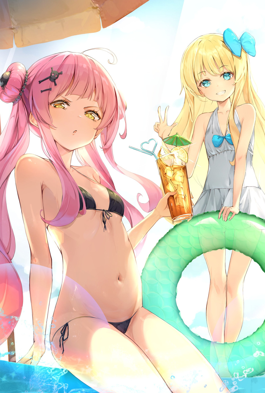 2girls :o absurdres ahoge bangs bare_arms bare_legs bare_shoulders bikini black_bikini blonde_hair blue_bow blue_eyes blunt_bangs bow breasts cup day drink drinking_straw front-tie_bikini front-tie_top frown grey_swimsuit hair_bow hair_bun hair_ornament heart highres holding holding_cup hon_(neo2462) ice ice_cube innertube long_hair looking_at_viewer lowleg lowleg_bikini multiple_girls one-piece_swimsuit outdoors parasol pink_hair side-tie_bikini sitting skull_hair_ornament small_breasts smile sparkle standing stomach string_bikini swimsuit umbrella v very_long_hair yellow_eyes