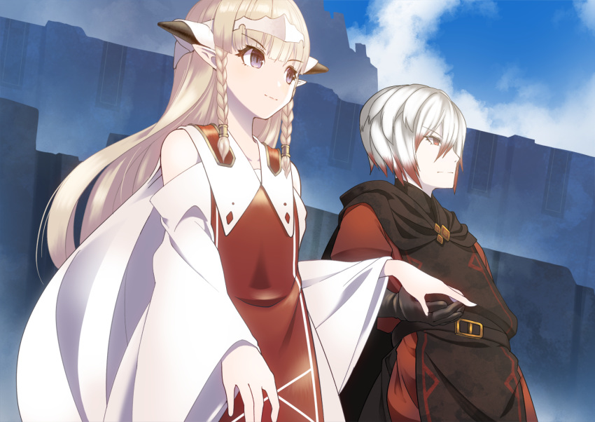 1boy 1girl aroha_j bangs black_gloves blonde_hair blue_eyes blunt_bangs braid day detached_sleeves ezel_the_king_of_fire_and_iron falia_the_queen_of_the_mountains gloves hair_between_eyes long_hair looking_at_viewer multicolored_hair outdoors pixiv_fantasia pixiv_fantasia_last_saga pointy_ears red_eyes red_hair standing twin_braids white_hair wide_sleeves