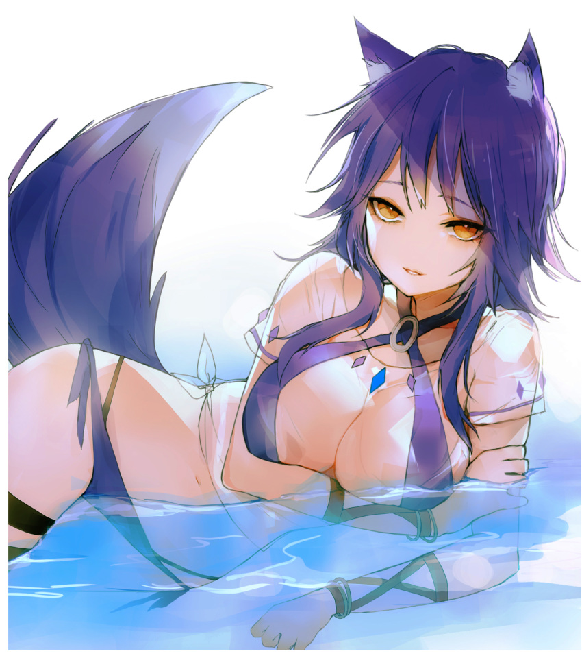 1girl aki_makoto animal_ear_fluff animal_ears bikini breast_hold breasts cleavage commentary commentary_request cygames eyebrows_visible_through_hair highres large_breasts long_hair looking_at_viewer lying midriff navel on_side open_mouth peanutc princess_connect! princess_connect!_re:dive purple_bikini purple_hair purple_shorts see-through shorts side-tie_bikini simple_background solo swimsuit tail water white_background wolf_ears wolf_girl wolf_tail yellow_eyes