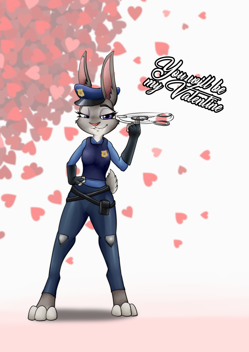 2019 absurd_res anthro clothed clothing disney female fully_clothed fur grey_body grey_fur hi_res holidays invalid_tag judy_hopps lagomorph leporid looking_at_viewer mammal police police_uniform rabbit shamziwhite smile solo standing text uniform valentine's_day zootopia