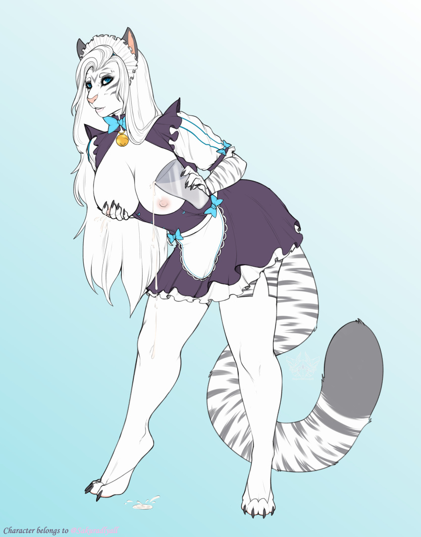 absurd_res anthro areola blue_eyes bodily_fluids breasts clothed clothing felid female fingers fur hair hi_res lactating legwear long_hair maid_headdress maid_uniform mammal melody_(sakuradlyall) milk nipples pantherine simple_background solo striped_body striped_fur stripes thigh_highs tiger top_pulled_down uniform white_body white_fur