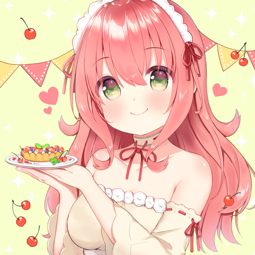 1girl aizawa85 bangs bare_shoulders blush cherry collarbone commentary_request dress eyebrows_visible_through_hair food fruit green_eyes heart holding holding_plate maid maid_headdress original pink_hair pink_ribbon plate ribbon smile solo