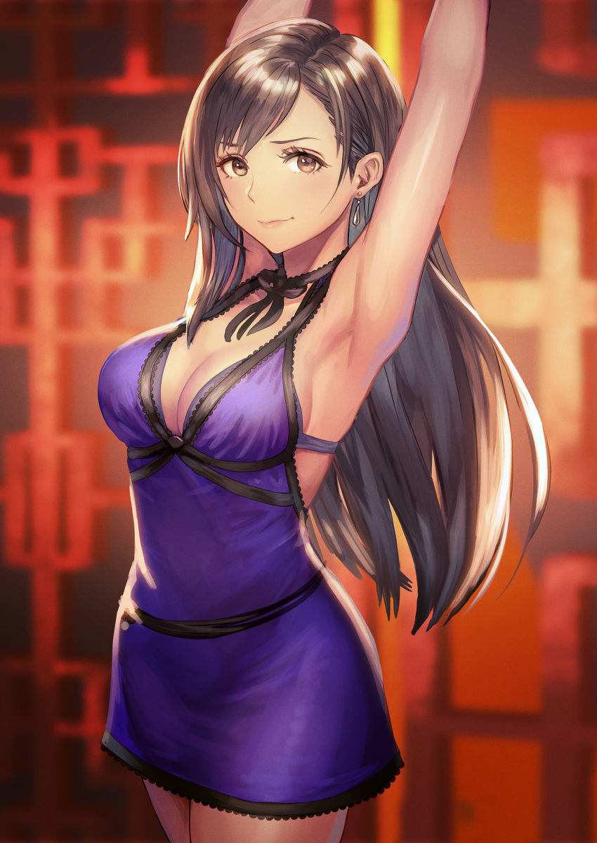 1girl absurdres anbe_yoshirou armpits arms_up blurry bra breasts brown_eyes cleavage dress earrings eyelashes final_fantasy final_fantasy_vii final_fantasy_vii_remake highres jewelry long_hair looking_at_viewer purple_dress short_dress sleeveless smile solo tifa_lockhart underwear