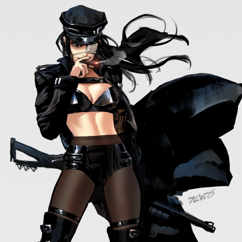 1girl black_footwear black_hair black_legwear black_shorts boots breasts cigar cleavage commentary covered_navel cowboy_shot dcwj english_commentary eyepatch gun highres holding holding_gun holding_weapon jacket large_breasts leather leather_jacket long_coat long_hair midriff navel one-eyed open_clothes open_jacket pantyhose riot_reiko shiny shiny_clothes shorts shotgun smoke smoking solo thigh_boots thigh_strap thighhighs tokyo_rogue weapon wind wind_lift