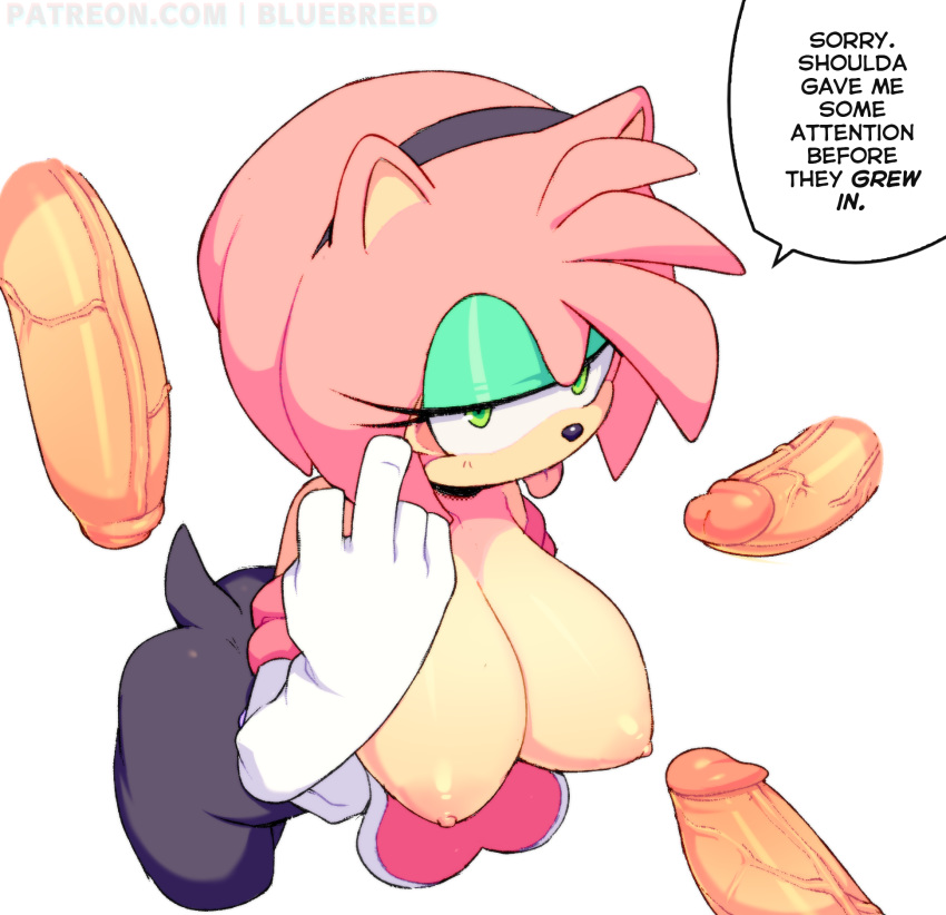 2020 5_fingers amy_rose anthro big_breasts big_penis bluebreed breasts clothed clothing cosplay dialogue disembodied_penis english_text eulipotyphlan eyelashes eyeshadow female female_focus fingers foreskin genitals green_eyes hair hedgehog hi_res huge_breasts humanoid_penis looking_at_viewer makeup male mammal penis pink_hair rouge_the_bat short_hair simple_background solo_focus sonic_the_hedgehog_(series) speech_bubble talking_to_viewer text tongue tongue_out vein white_background