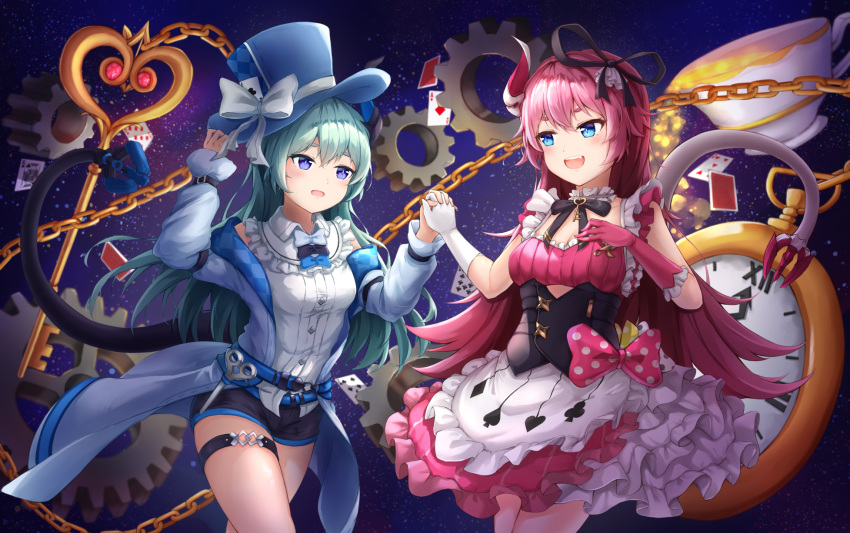 2girls :0 :d ace_of_clubs ace_of_diamonds alice_(wonderland) alice_(wonderland)_(cosplay) alice_in_wonderland argyle_print arm_belt asymmetrical_horns bangs bare_thighs black_ribbon blue_eyes blue_hair blue_headwear blue_jacket blue_shorts blush bow bow_dress bowtie breasts card chain choker club_(shape) commentary_request cosplay cowboy_shot cup diamond_(shape) dress elbow_gloves eyebrows_visible_through_hair fang floating floating_object frilled_choker frilled_dress frilled_shirt frills gears gloves hair_ribbon hand_on_headwear hat hat_bow heart highres holding_hands holster honkai_(series) honkai_impact_3rd jacket key key_necklace liliya_olenyeva long_hair looking_at_another mad_hatter mad_hatter_(cosplay) mechanical_horns mechanical_tail mismatched_gloves multicolored multicolored_clothes multicolored_dress multiple_bows multiple_girls off-shoulder_jacket open_clothes open_jacket open_mouth oversized_object pink_gloves pink_hair playing_card pocket_watch polka_dot polka_dot_bow ribbon ripong rozaliya_olenyeva scissors shirt short_shorts shorts siblings sidelocks sisters sky sleeveless sleeveless_shirt small_breasts smile space spade_(shape) star_(sky) starry_sky tail teacup thick_eyebrows thigh_strap top_hat twins waistcoat watch white_gloves white_shirt