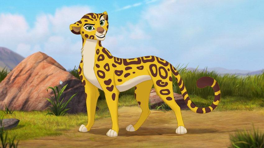aged_up all_fours cheetah detailed_background disney felid feline female feral fuli fur green_eyes hi_res king_cheetah looking_at_viewer mammal open_mouth open_smile outside paws reallynxgirl smile solo spots spotted_body spotted_fur standing the_lion_guard the_lion_king yellow_body yellow_fur