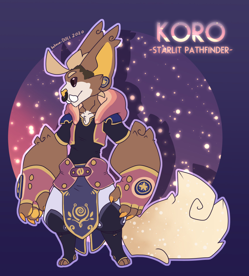 absurd_res clothing earpiece fangs fingerless_gloves gloves handwear hi_res hood kokoro-doll koro_(kokoro-doll) league_of_legends male riot_games starry_background text video_games yordle