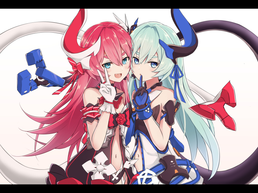 2girls :d :o arm_scrunchie armlet asymmetrical_horns bangle bangs belt blue_eyes blue_gloves blue_hair blue_neckwear blue_ribbon blush bow bracelet brown_panties center_opening commentary_request cowboy_shot deta-mxproject dress eyebrows_visible_through_hair fang flower gloves hair_intakes highres honkai_(series) honkai_impact_3rd horn_bow horn_ribbon intertwined_tails jewelry letterboxed liliya_olenyeva looking_at_viewer mechanical_horns mechanical_tail mismatched_gloves multiple_girls navel necktie open_clothes open_dress open_mouth panties pink_bow pink_hair red_flower red_rose ribbon ring rose rozaliya_olenyeva siblings sidelocks simple_background sisters sleeveless sleeveless_dress smile tail thick_eyebrows twins underwear v white_background white_gloves wristband