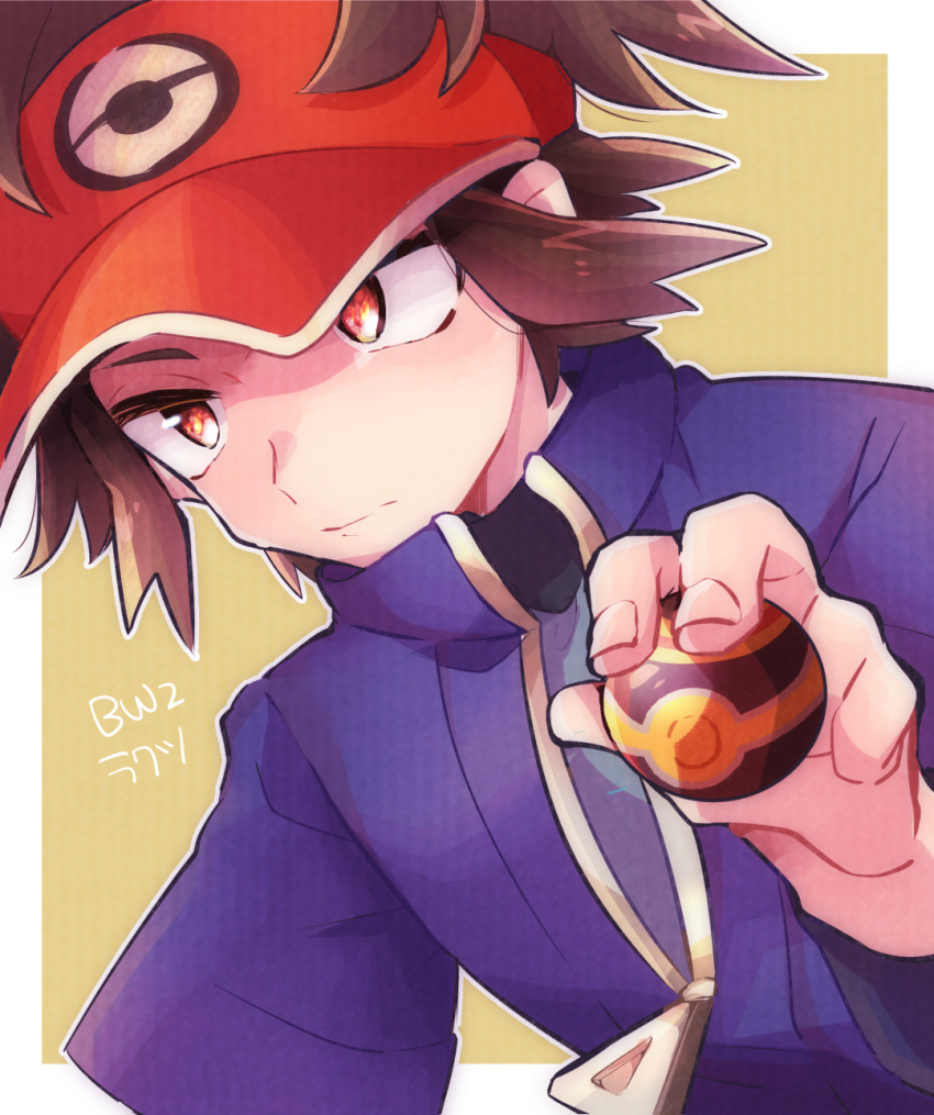 1boy bodysuit border brown_hair closed_mouth commentary_request fingernails hand_up highres holding holding_poke_ball jacket luxury_ball male_focus misha_(ohds101) nate_(pokemon) outline outside_border poke_ball poke_ball_print pokemon pokemon_(game) pokemon_bw2 purple_jacket red_headwear short_hair solo visor_cap white_border zipper_pull_tab