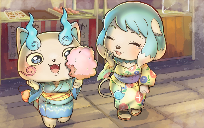 anthro asian_clothing better_version_at_source blush bodily_fluids breasts canid canine clothed clothing cotton_candy crossgender detailed_background duo east_asian_clothing eyes_closed fangs felid female glistening glistening_eyes hi_res japanese_clothing japanese_text kimono komasan mammal saliva shishimaru_(yo-kai_watch) tears text uyu video_games yo-kai_watch