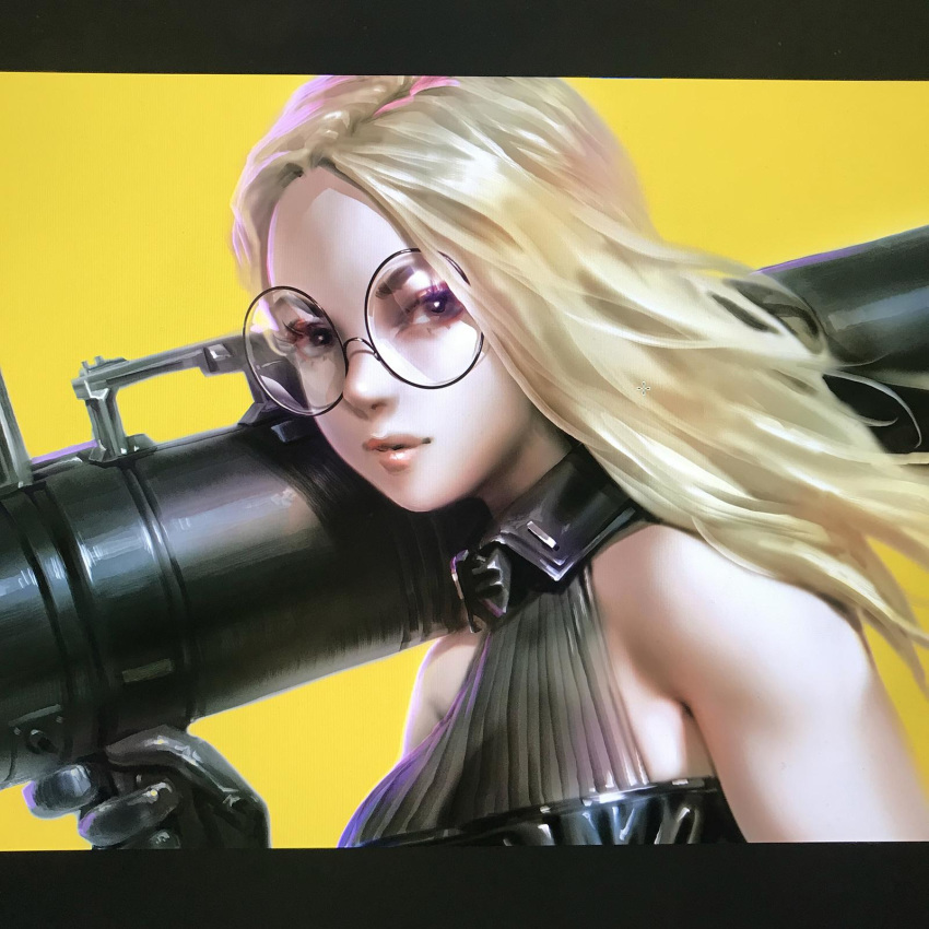 1girl asymmetrical_hair black-framed_eyewear breasts close-up commentary dcwj english_commentary eyelashes finger_on_trigger forehead furrowed_eyebrows hair_over_shoulder halter_dress highres holding holding_weapon huge_weapon large_breasts lips mighty_miho nose over_shoulder platinum_blonde_hair rocket_launcher round_eyewear shiny shiny_clothes solo tokyo_rogue weapon weapon_over_shoulder yellow_background