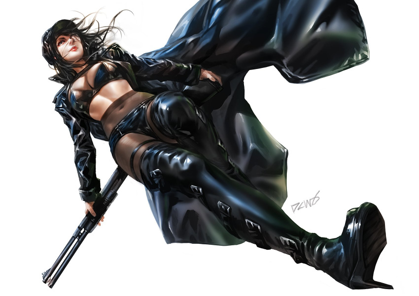 1girl black_bra black_jacket black_legwear boots bra breasts cleavage commentary covered_navel dcwj english_commentary eyepatch from_below full_body gun hat high_heel_boots high_heels highres holding holding_gun holding_weapon jacket large_breasts leather leather_boots leather_jacket lips lipstick long_coat makeup messy_hair midriff nose one-eyed open_clothes open_jacket peaked_cap riot_reiko shiny shiny_clothes short_shorts shorts shotgun solo stiletto_heels thigh_boots thighhighs tokyo_rogue underwear weapon white_background wind wind_lift