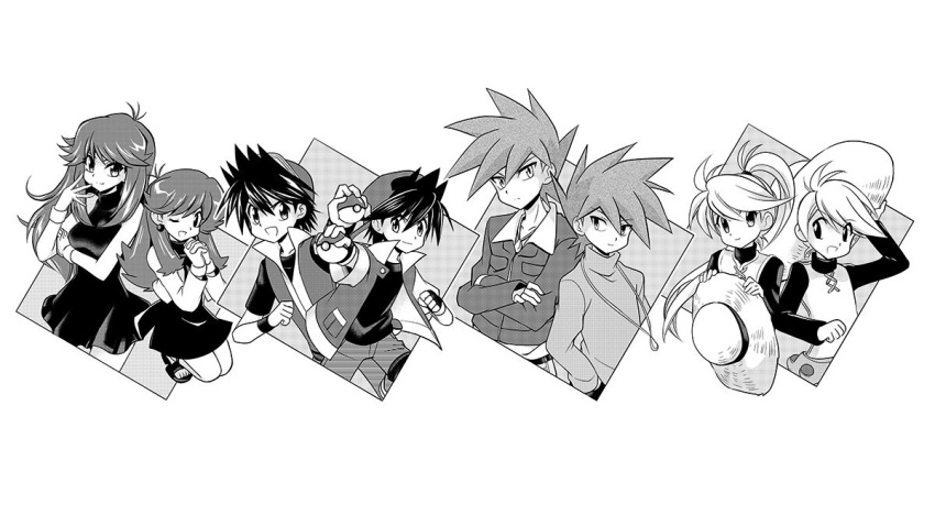 4boys 4girls ayateaori baseball_cap blue_(pokemon) breasts commentary crossed_arms dress dual_persona earrings flat_chest greyscale hat holding holding_poke_ball jewelry looking_at_viewer monochrome multiple_boys multiple_girls ookido_green pendant poke_ball poke_ball_(generic) pokemon pokemon_special ponytail red_(pokemon) short_dress simple_background small_breasts spiked_hair straw_hat yellow_(pokemon)