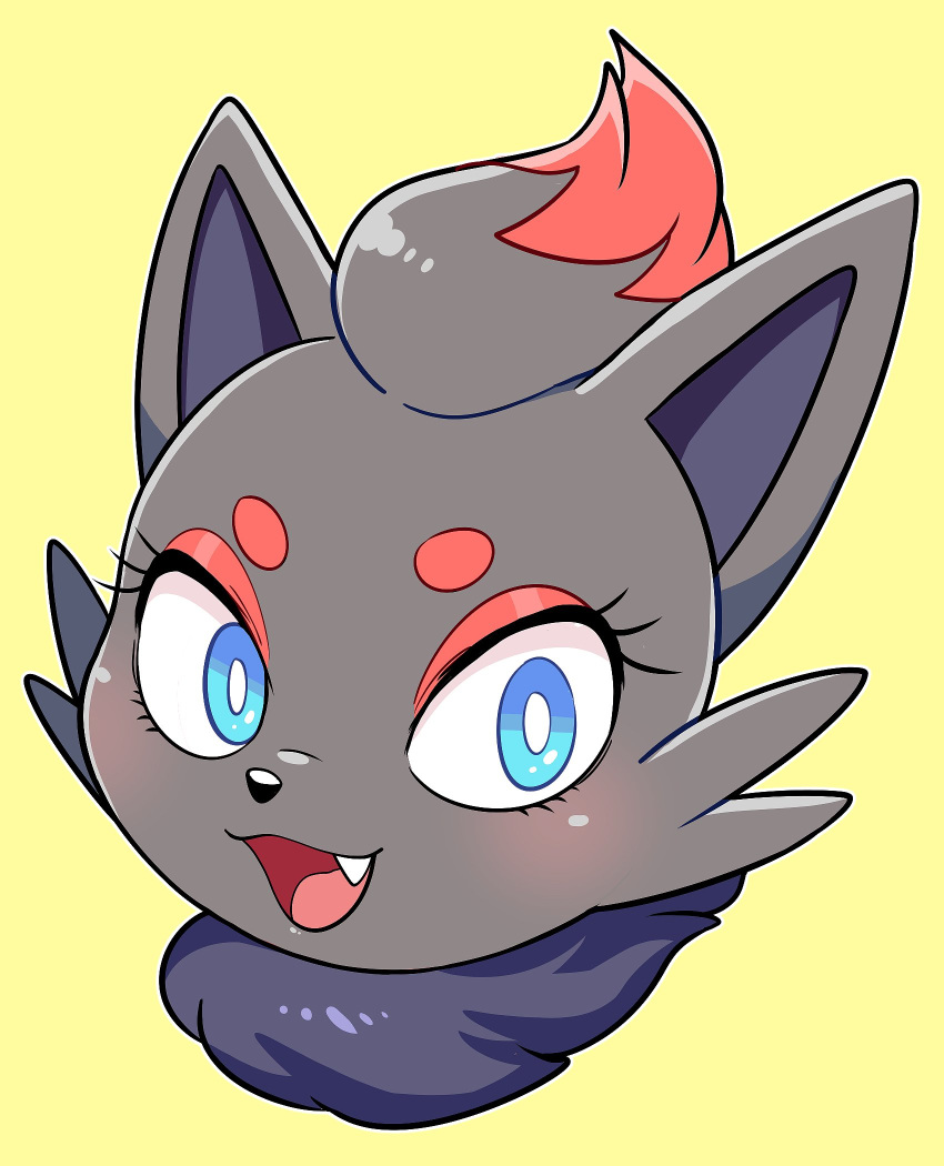 better_version_at_source eyelashes eyeshadow facial_hair fangs female hi_res makeup multicolored_eyes nintendo open_mouth pok&eacute;mon pok&eacute;mon_(species) sideburns simple_background solo toryex two_tone_eyes uyu video_games yellow_background zorua