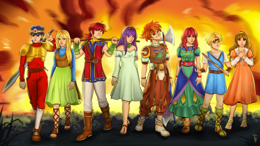 4boys 4girls absurdres aerodynamict arcia_(granstream_saga) ark_(tenchi_souzou) blazer_(soul_blazer) elle_(tenchi_souzou) eon_(granstream_saga) explosion fire gladiator_shoes granstream_saga highres illusion_of_gaia lisa_(soul_blazer) looking_at_viewer multiple_boys multiple_girls princess_kara_(illusion_of_gaia) sandals soul_blazer tenchi_souzou will_(illusion_of_gaia)