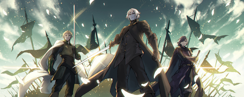 1girl 2boys battle_standard belt black_cape black_gloves black_hair blonde_hair boots bracer cape clenched_hand elion_the_king_of_spirits erebas_the_demon_king fighting_stance flag glint gloves grey_skin hair_over_one_eye holding holding_sword holding_weapon inna_the_queen_of_the_ruined_country multiple_boys outdoors pixiv_fantasia pixiv_fantasia_last_saga purple_eyes red_eyes sheath sword unsheathing weapon white_cape white_hair zinnkousai3850