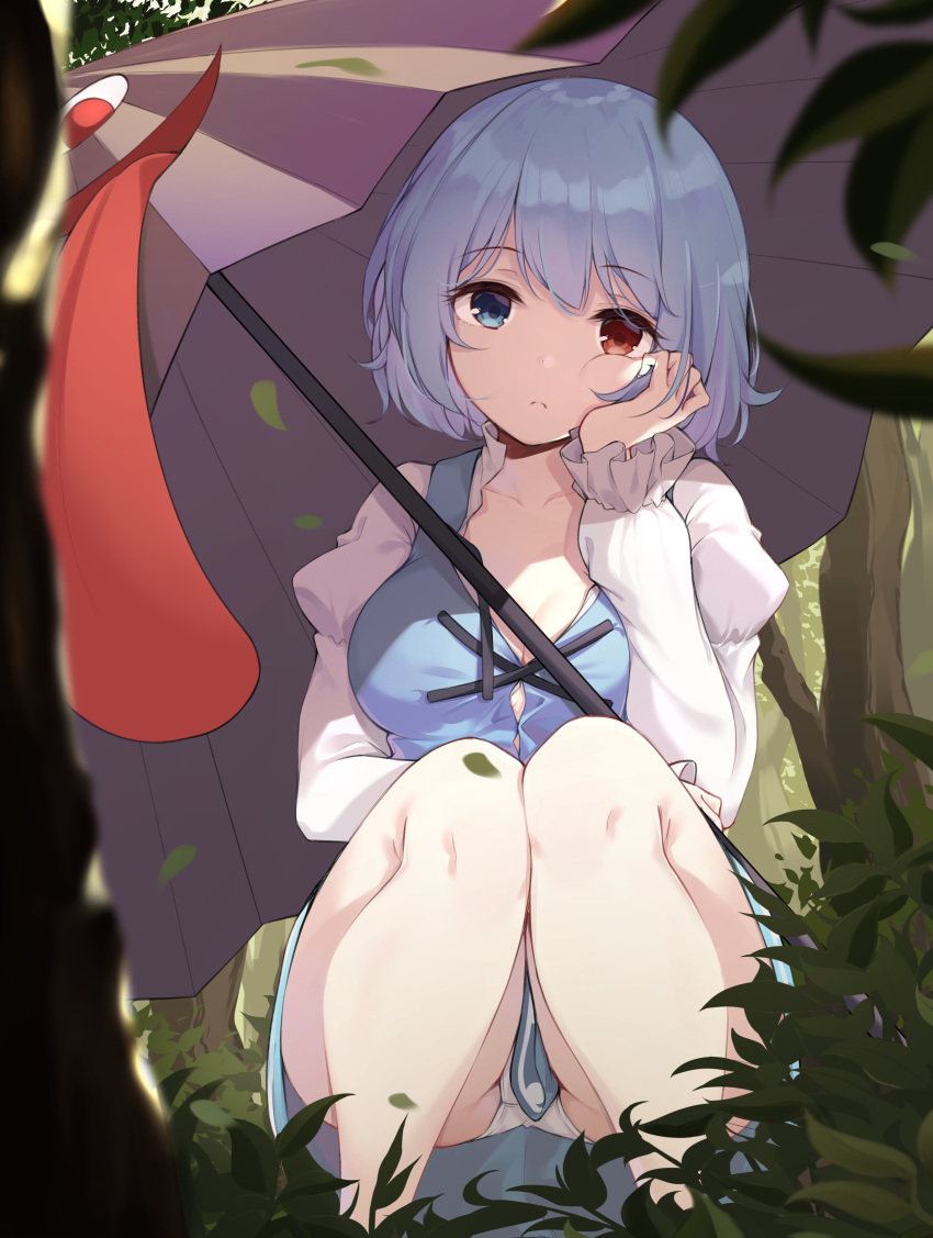 1girl absurdres bare_legs blue_eyes blue_hair blue_skirt blue_vest breasts collarbone day frown head_rest head_tilt heterochromia highres holding holding_umbrella juliet_sleeves knees_together_feet_apart long_sleeves medium_breasts nature outdoors panties pantyshot pantyshot_(squatting) puffy_sleeves red_eyes shirt short_hair skirt skirt_set solo squatting tatara_kogasa touhou tree umbrella underwear vest white_panties white_shirt z_loader