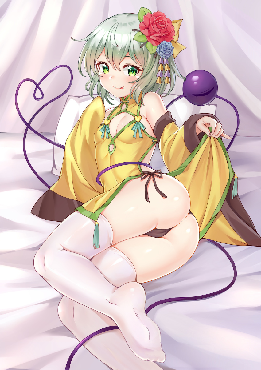 1girl absurdres adapted_costume ass bare_shoulders bed_sheet black_panties blue_flower blue_rose breasts bushi_(1622035441) chinese_clothes dress flower green_eyes green_hair hair_flower hair_ornament highres komeiji_koishi looking_at_viewer lying medium_hair no_shoes on_side panties red_flower red_rose rose side-tie_panties skirt_hold sleeves_past_wrists small_breasts smile solo thighhighs third_eye tongue tongue_out touhou underwear white_legwear wide_sleeves yellow_dress