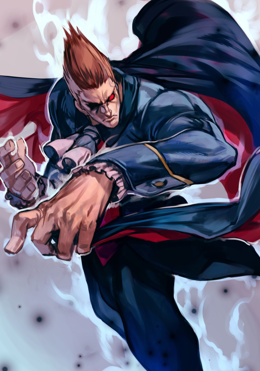 1boy absurdres brown_hair cape closed_mouth demitri_maximoff hands_up hankuri highres jacket no_pupils pants red_eyes short_hair solo vampire vampire_(game) white_neckwear