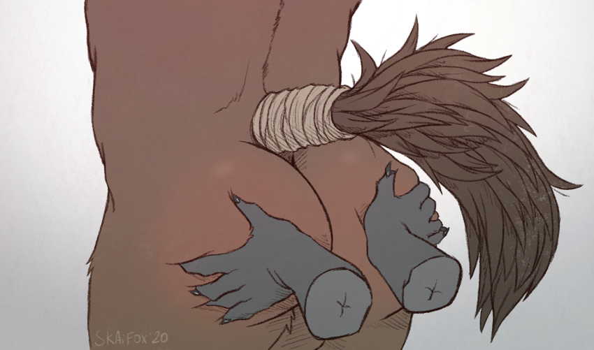 2020 5_fingers anthro backsack balls brown_body brown_fur butt butt_focus butt_grab claws deep_skin digital_drawing_(artwork) digital_media_(artwork) disembodied_hand equid equine fingers fur genitals hand_on_butt hi_res horse kneading male mammal sharp_claws simple_background skaifox solo_focus tail_wraps white_background wraps