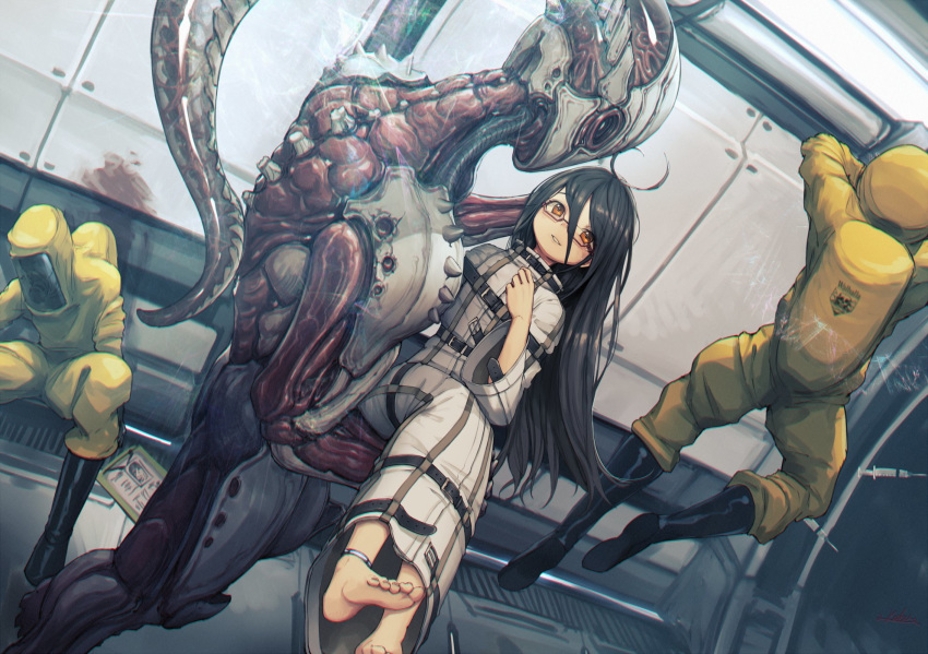 1girl 3others ambiguous_gender anklet belt belt_buckle billboard black_hair blood boots buckle carrying commentary_request hair_between_eyes hand_on_own_chest hazmat_suit highres jewelry long_hair looking_at_another monster multiple_others nekoemonn orange_eyes parted_lips princess_carry psychic semi-rimless_eyewear straitjacket syringe telekinesis under-rim_eyewear