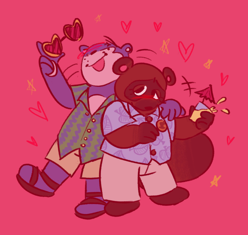 &lt;3 2020 animal_crossing anthro blush bottomwear brown_body brown_fur canid canine clothing duo footwear fur hi_res humanoid_hands lutrine lyle_(animal_crossing) male mammal motherleeds mustelid nintendo pants raccoon_dog sandals shirt shorts simple_background slightly_chubby tanuki tom_nook_(animal_crossing) topwear video_games