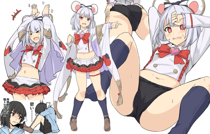 2girls animal_ears arms_up ass bangs black_hair black_panties black_skirt blush bow brown_footwear clapping closed_eyes commentary_request dual_persona eyebrows_visible_through_hair frills granblue_fantasy hair_ornament hairband hairclip heart long_sleeves looking_at_viewer midriff mouse mouse_ears multiple_girls multiple_views navel panties pleated_skirt red_eyes red_skirt shirt shiseki_hirame shoes short_hair silver_hair sitting skirt smile translation_request underwear vikala_(granblue_fantasy) white_shirt white_skirt wide_sleeves