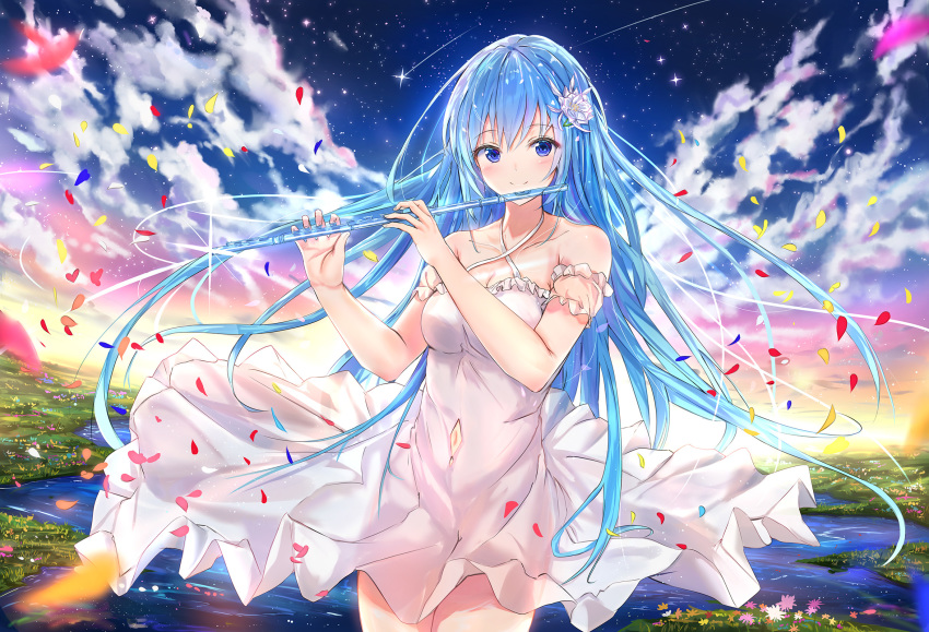 1girl arm_garter bare_shoulders blue_eyes blue_hair breasts cloud cowboy_shot criss-cross_halter dress emori_miku emori_miku_project flute gradient_sky grass halter_dress halterneck highres holding holding_instrument instrument leaf leaves_in_wind long_hair looking_at_viewer medium_breasts na_kyo navel navel_cutout outdoors plain shooting_star sky sleeveless sleeveless_dress smile solo star_(sky) starry_sky very_long_hair water white_dress